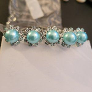 Light blue faux pearl and rhinestone hair pins set of 5